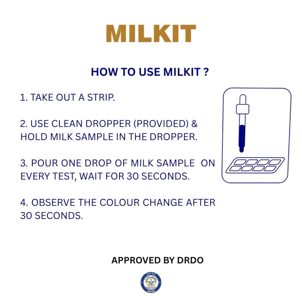 HOW TO USE 1.TAKE OUT A STRIP. 2. USE CLEAN DROPPER (PROVIDED) & HOLD MILK SAMPLE IN THE DROPPER. 3. POUR ONE DROP OF MILK SAMPLE ON EVERY TEST, WAIT FOR 30 SECONDS. 4. OBSERVE THE COLOUR CHANGE .webp